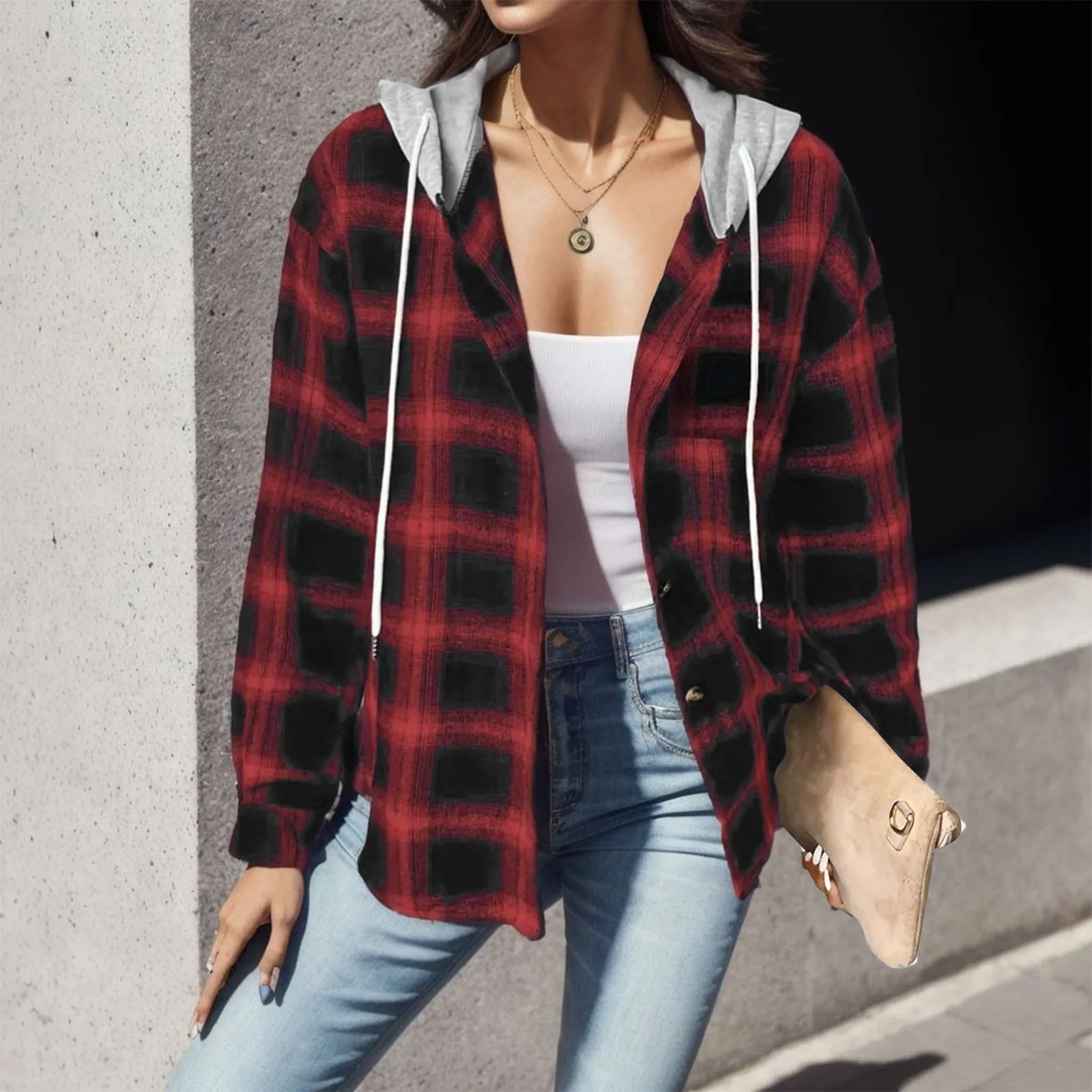 

2023 Autumn Plaid Jackets Coats Women Hooded Button Up Shirt Female Ladies Loose Checkered Shirt For Women Female Chaqueta Mujer