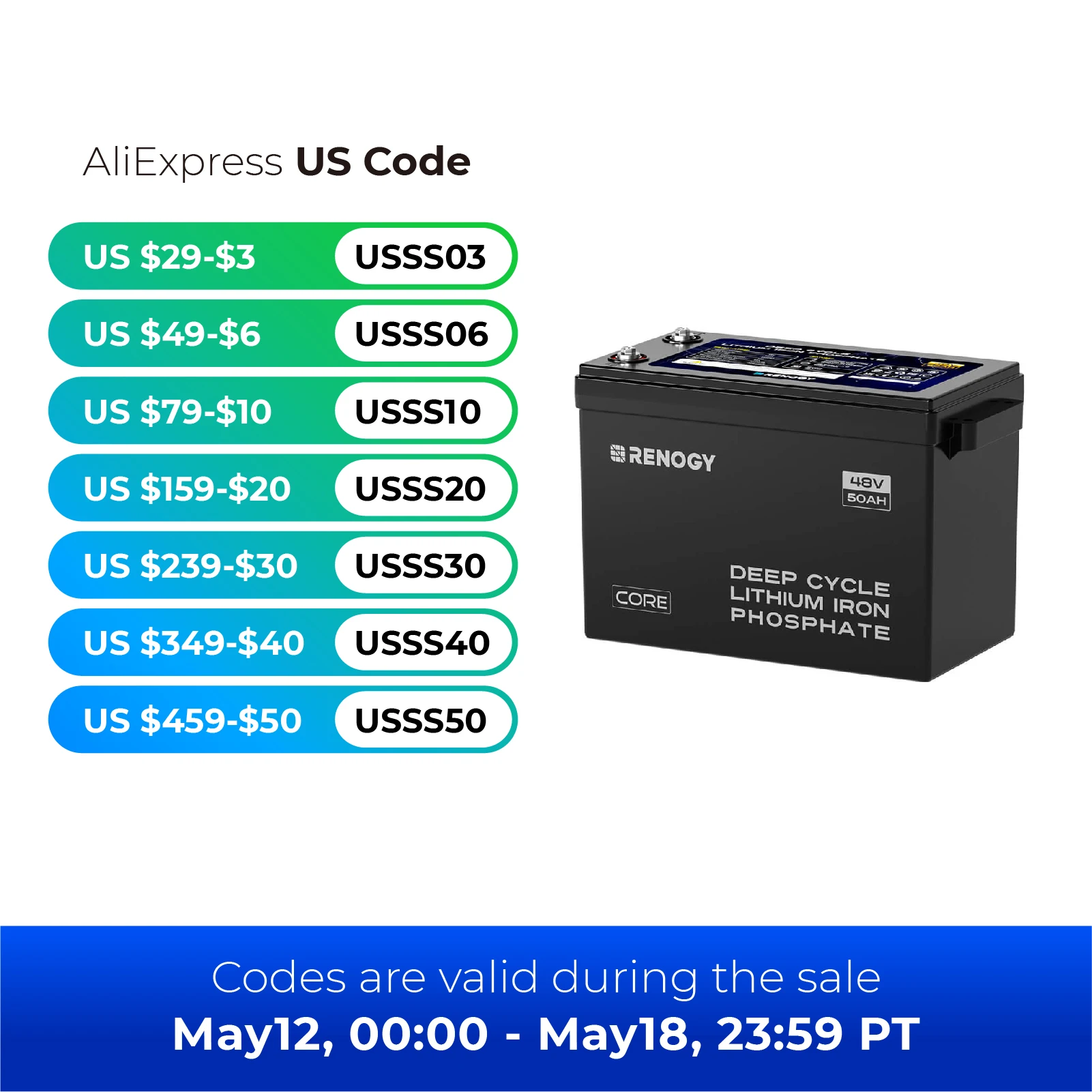 Renogy 12V 100Ah Lithium LiFePO4 Deep Cycle Battery, 5000+Deep Cycles,Backup Power for Trolling motor, RV, Cabin, Marine, Off-Gr