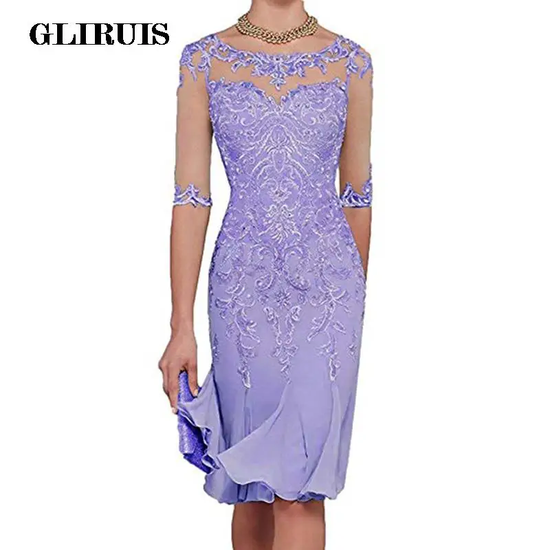 2023 Latest Lilac Half Sleeves Chiffon Mother of The Bride Dresses Lace Knee Length Party Dinner Prom Dress