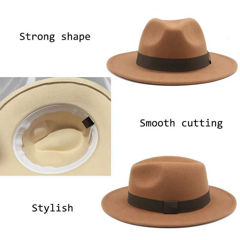 Fedora Hat Women Winter Hats for Women Ribbon Band Men's Hat Wide Brim Classic Beige Wedding Church Bowler New Cap chapeau femme 5
