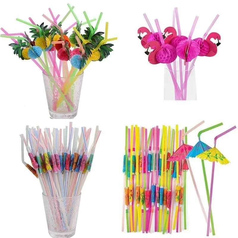 Flamingo Drinking Straws Tropical Umbrellas Pineapple Juice Cocktail Disposable Juice Straws Hawaii Party Decoration 25/50pcs disposable straws