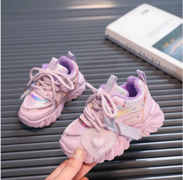

PU 2024 Winter New Sport Shoes for Kids Girls Cute Princess Non-slip Light Children Fashion Casual Sneakers Solid Color Shiny