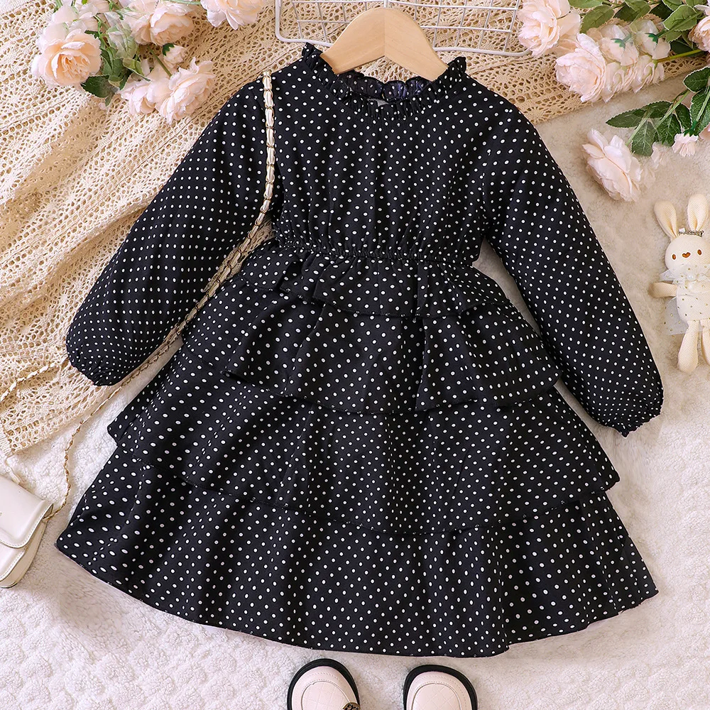 

Новинка 2023, зимнее платье для девочек, бархатное черное милое дизайнерское платье принцессы с длинным рукавом и оборками в горошек, платье для девушек 18 мес.-7 лет