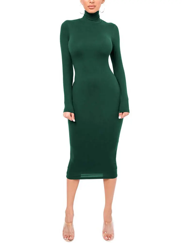 

2022 Autumn Turtle Neck Bodycon Dress Women Long Club Dress Ladies Sheath Long Sleeve Maxi Party Dress For Women