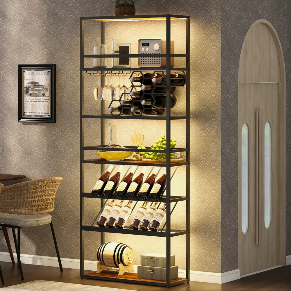 6 Tier Tall Wine Bar Rack Cabinet With Light Strips Freestanding Floor Wine Liquor Stand With Glass Holder For Living Room