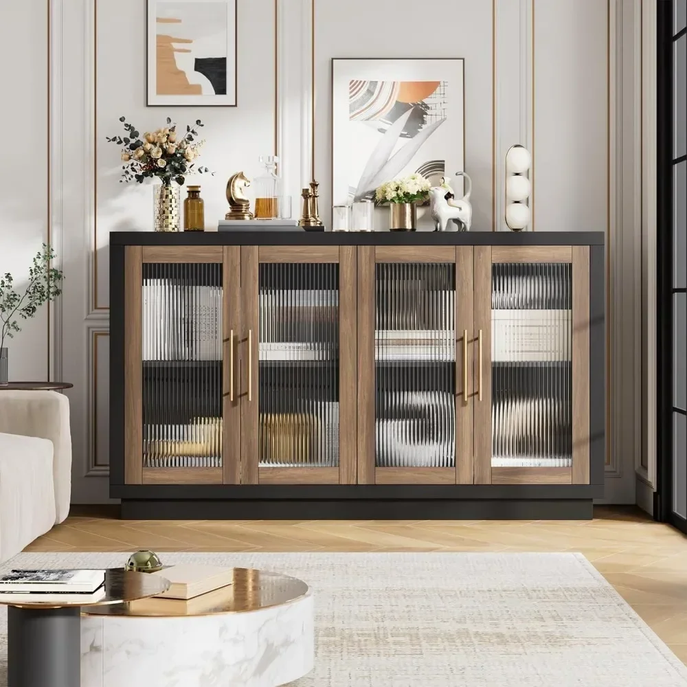 Buffet Cabinet with Storage, 55.1" Large Sideboard Buffet Cabinet, Modern Sideboard Kitchen Cabinet with 4 Fluted Glass