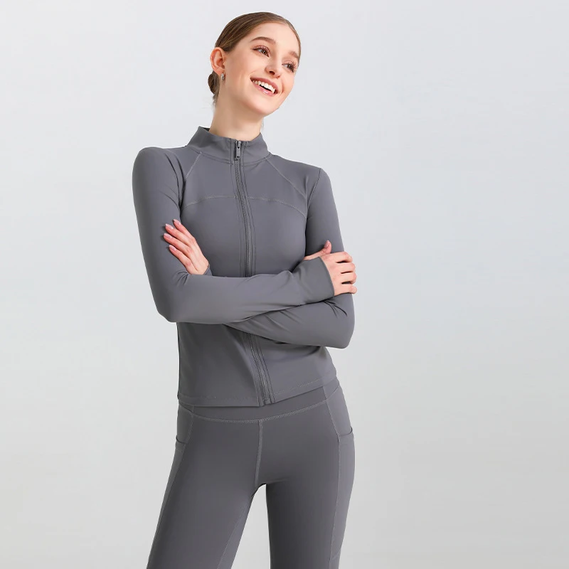 2025 New Gym Fitness Sports Jacket Women's Slim Long Sleeve Thumbholes Waist Cinching Stretch Coat Fashion Ladies Yoga Sportwear
