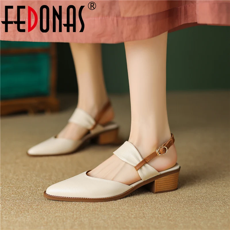 

Женские босоножки с острым носком FEDONAS, разноцветные босоножки из натуральной кожи на толстых каблуках в стиле ретро, обувь для офиса на весну и лето 2023