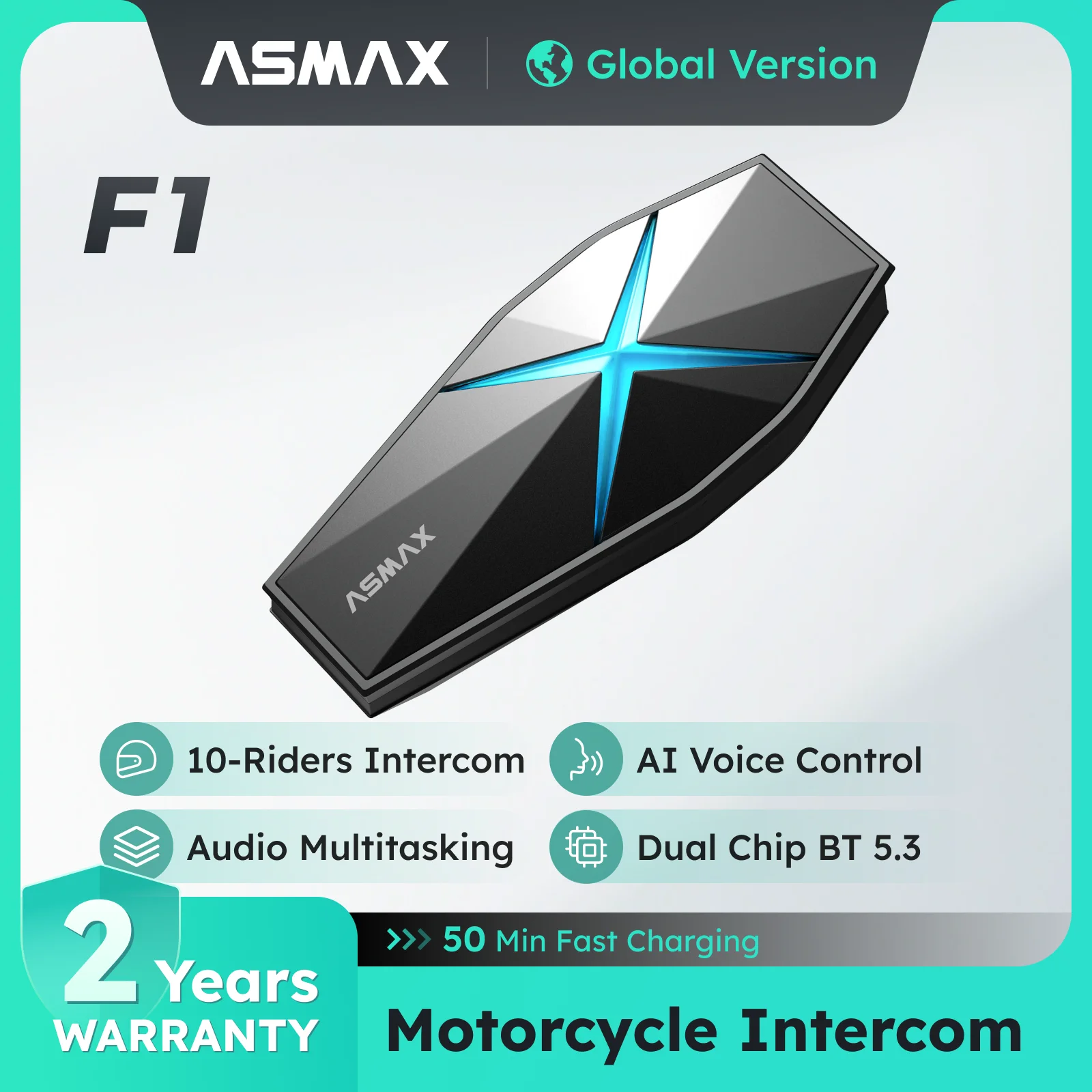 ASMAX F1 Bluetooth Motorcycle Intercom 10-Rider Group Communication, Voice Command, IP67 Waterproof, Hi-Fi Speakers, BT 5.3