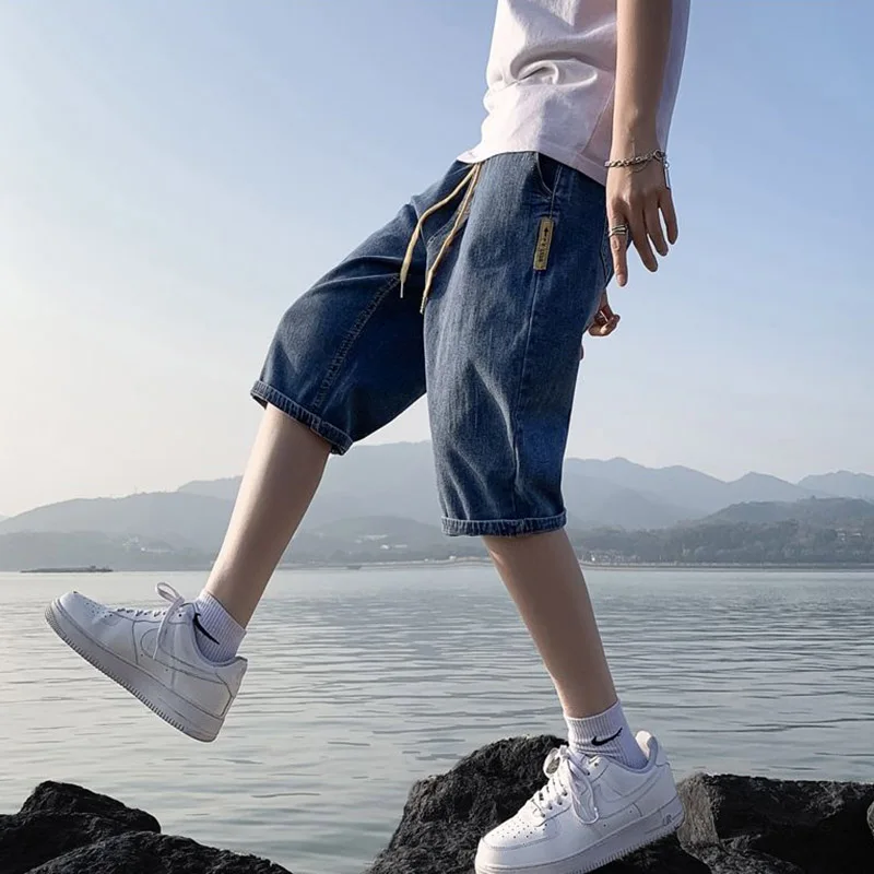 New Denim Shorts Capris Korean Version Fashionable Men's Summer Thin Loose Straight Drawstring Elastic Waist Pants 5xl Large