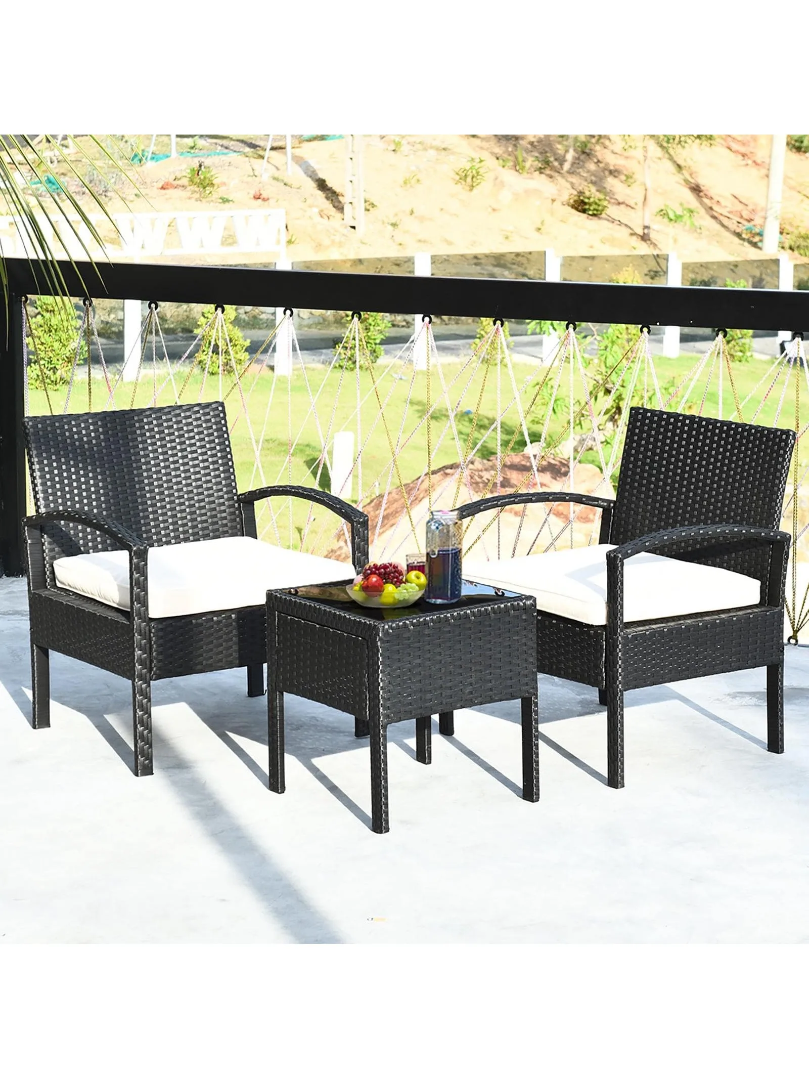 3PCS Patio Rattan Furniture Set Table & Chairs Set with Cushions Outdoor  outdoor furniture set patio  patio chairs