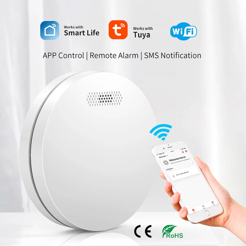 Датчик дыма Tuya и Smart Life сверхтонкий детектор с Wi-Fi стандартный звуковой