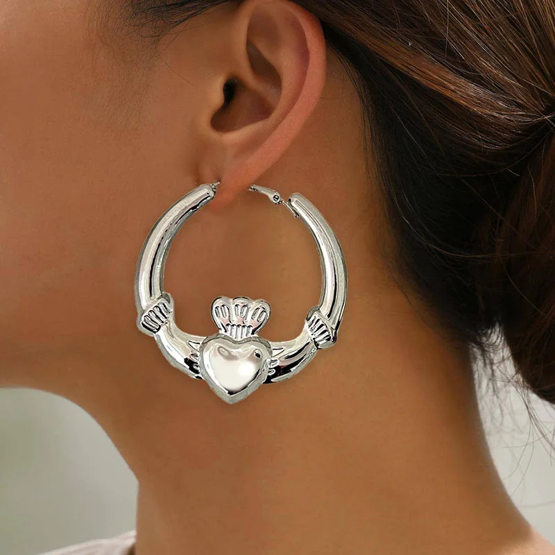 New Big Chunky Claddagh Hoop Earrings for Women Cute Statement Strong Heart Earrings Valentine Day Jewelry Gift 3