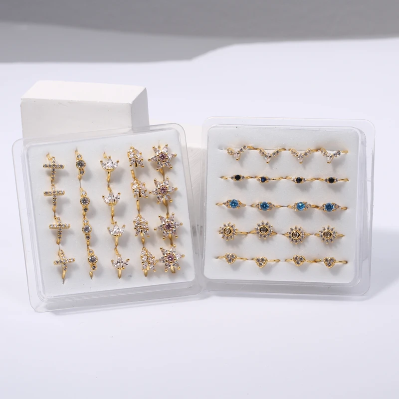 20Pcs Box Nose Rings Hoop for Women Paved CZ Cross Cartilage Helix Earrings Hoop Body Piercing for Nose Ear Gold Silver Plated