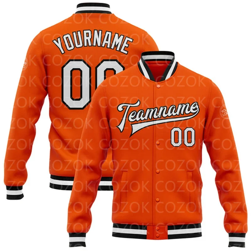 

Custom Orange White Black 3D Printed Baseball Button Jacket Bomber Full-Snap Varsity Letterman Jacket