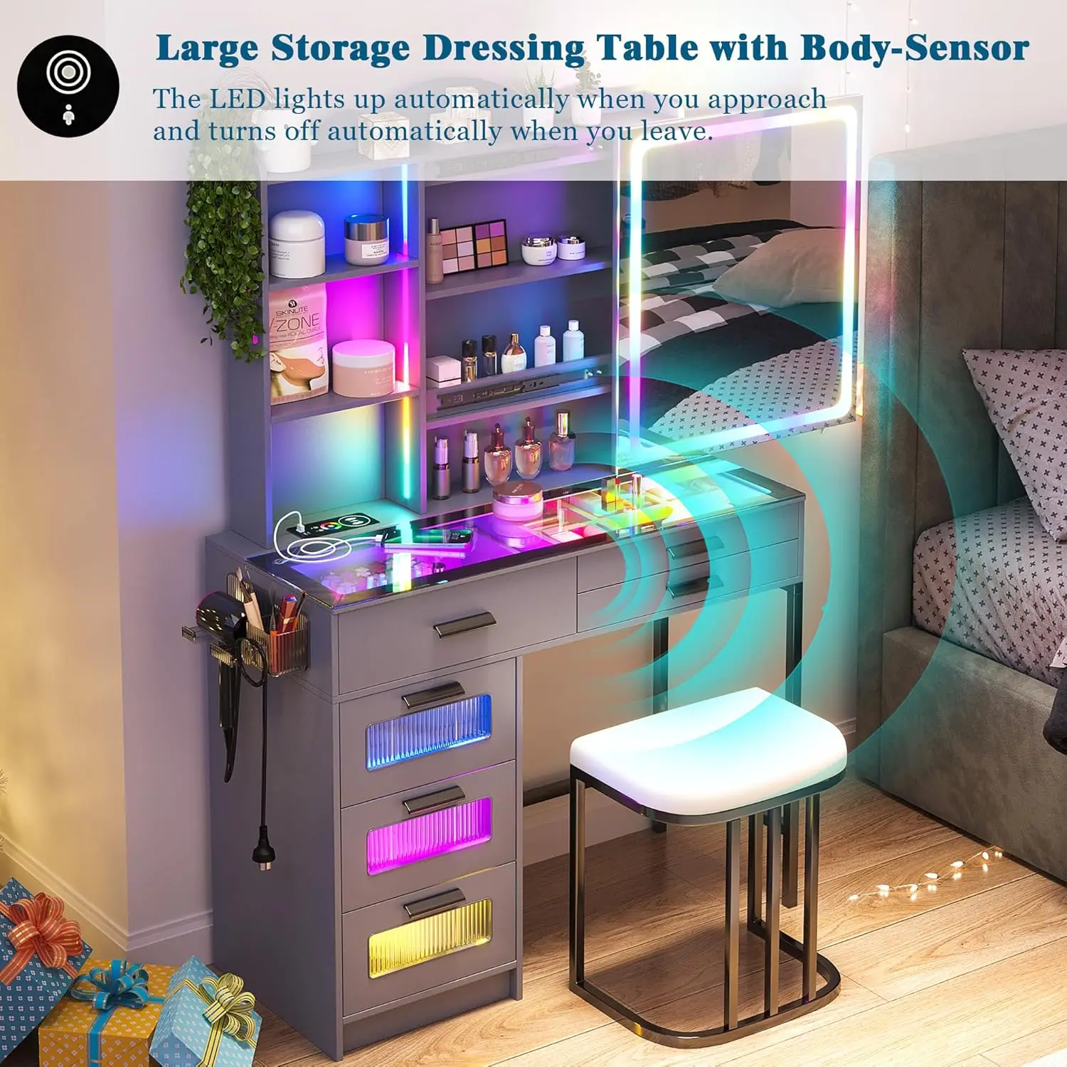 RGB Vanity Desk with Sliding Mirror and Lights, LED Makeup Vanity with Charging Station/Motion Sensor Light, Glass Top Vanities