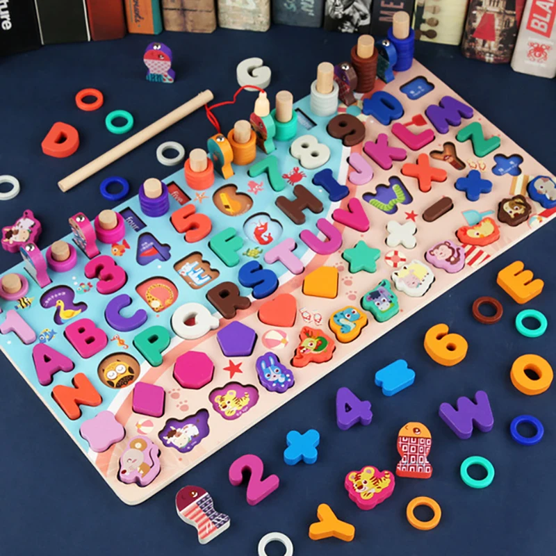 Montessori Educational Wooden Toys Preschool Counting Geometry Busy Board Games Learn Sorter Fishing Math For Children Kids |