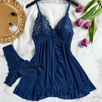 Robe de nuit transparente en dentelle pour femmes, Lingerie Sexy, vêtements de nuit, couleur unie, Slim, doux, col en V, Slip complet, vêtements de nuit et robes, été 4