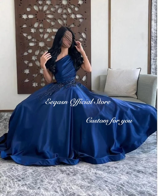 Navy Blue Vestidos De Gala De Satin Customized One Shoulder Robes