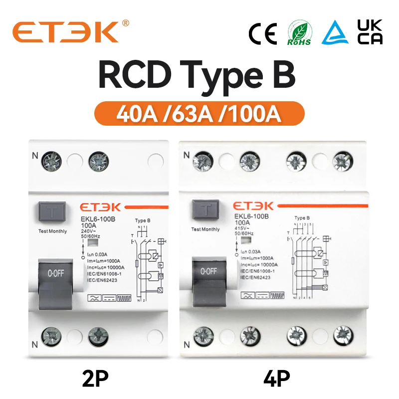 ETEK RCD RCCB Type B Earth Leakage Residual Current Circuit Breaker Evse 2P 4P 40a 63a 100a 30ma 300mA EKL6-100B Din Rail 220V circuit breaker