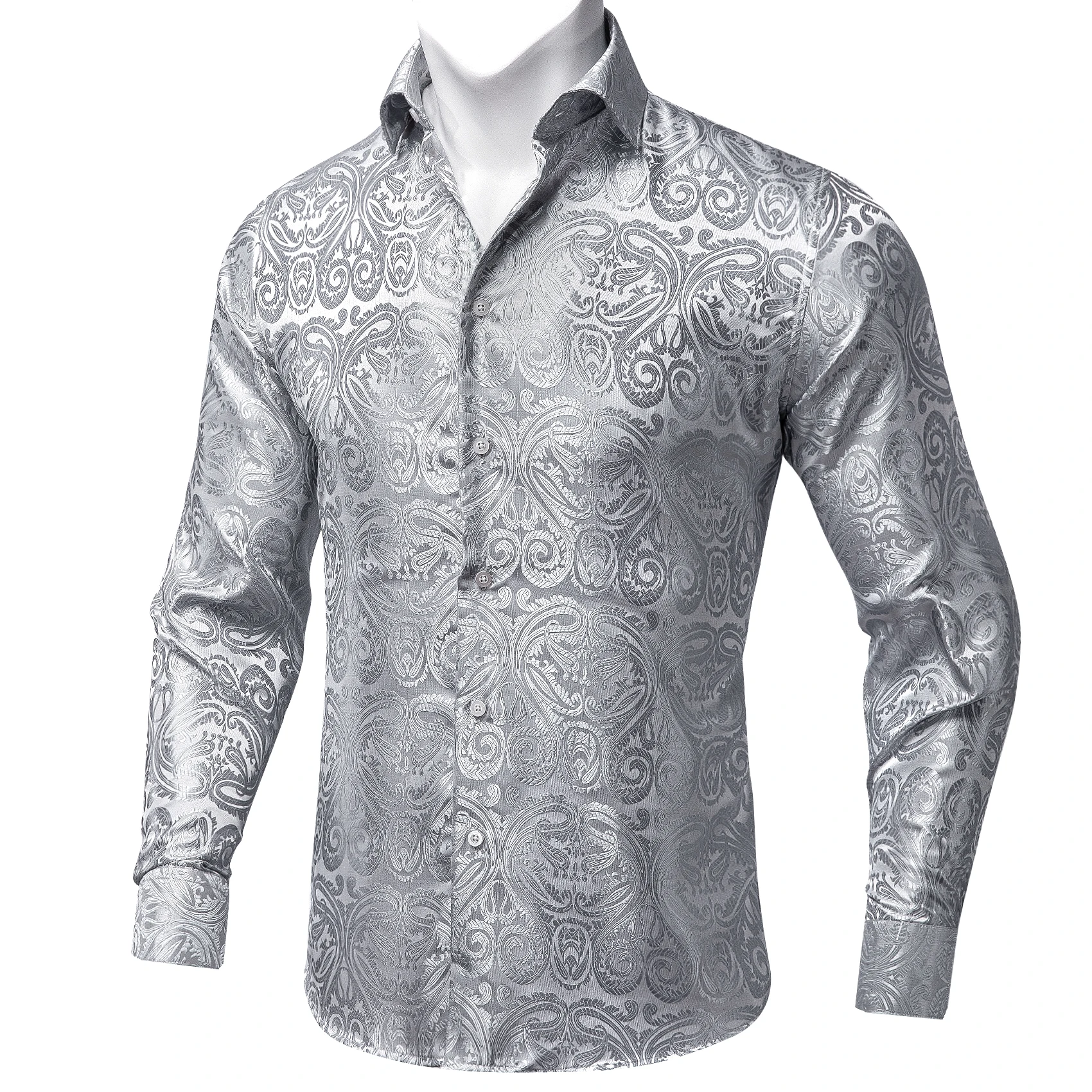 DiBanGu Luxury Silver Paisley Silk Long Sleeve Shirts For Men Designer Casual Tuxedo Dress Shirt Wedding Prom Party Men Clothing