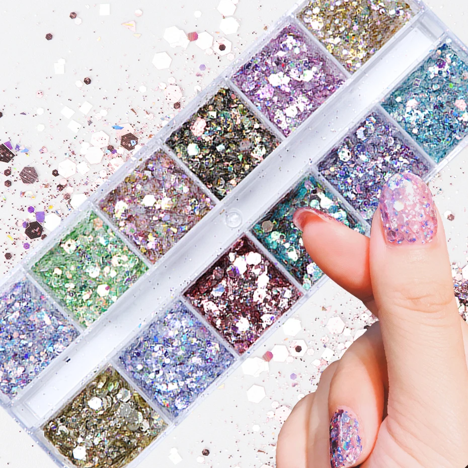 Mermaid Hexagon Nail Glitter Powder Flakes 12 Grids nail powder,nail glitter,nail decoration,nail decorations,nail flakes