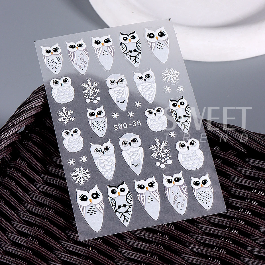 5D Cute Owl Nail Art Sticker Kawaii Bird Nail Slider Irregular French Line Design Nail Decals Winter DIY Manicure Decoration