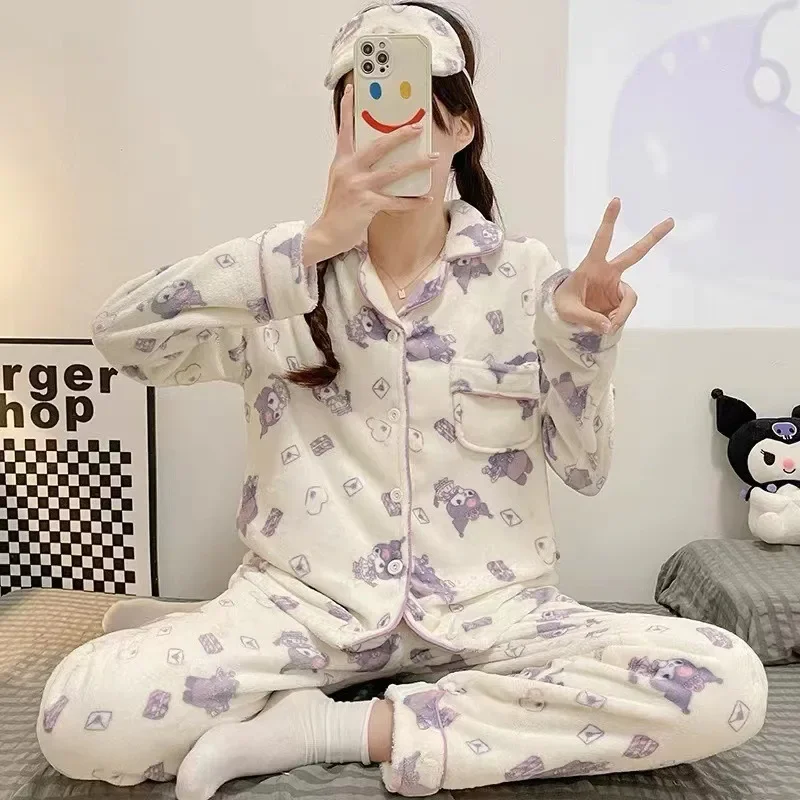 

Sanrio Kuromi My Melody Cartoon Women's Pajama Set Winter Coral Velvet Thickened Cardigan Long Sleeved Home Clothing Girls Gifts