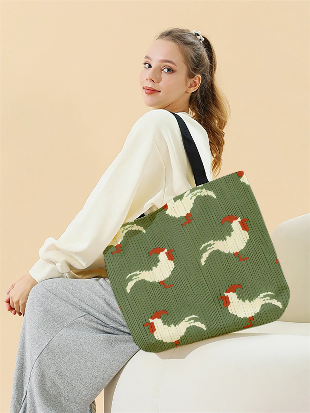 1pc,cartoon rooster handbag, reusable fashionable handbag, multifunctional handbag, printed canvas shopping bag