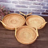 Handwoven Rattan Storage Tray with Wooden Handle Picnic Basket Bread Food Plate Snack Fruit Cake Platter Dinner Serving Tray New 2