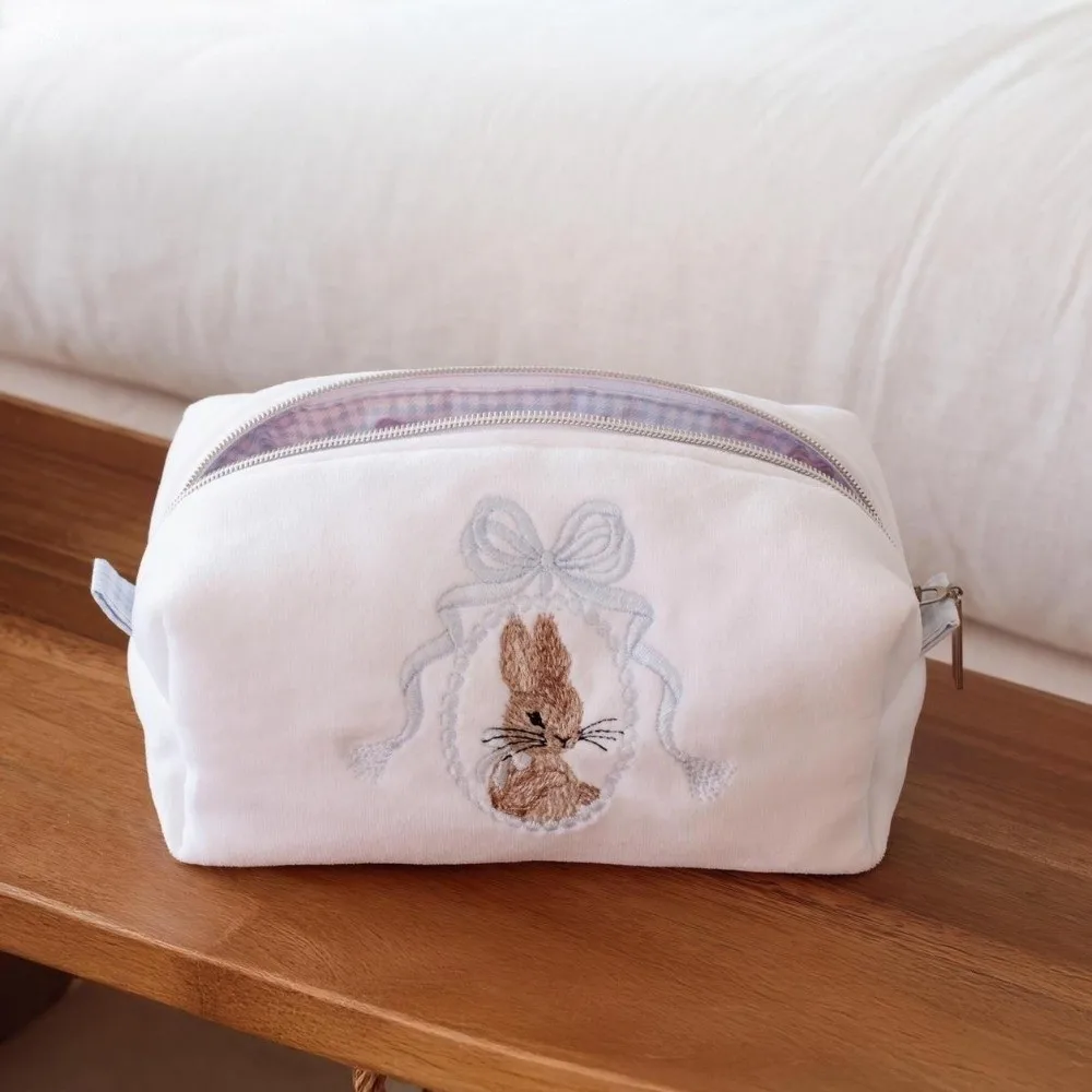 Tragbare Kosmetiktasche mit Hasenmotiv, Spitze, Schleife, großes Fassungsvermögen, Make-up-Organizer, Reißverschluss, weiß, rosa, Federmäppchen für Damen und Mädchen – Detail 7