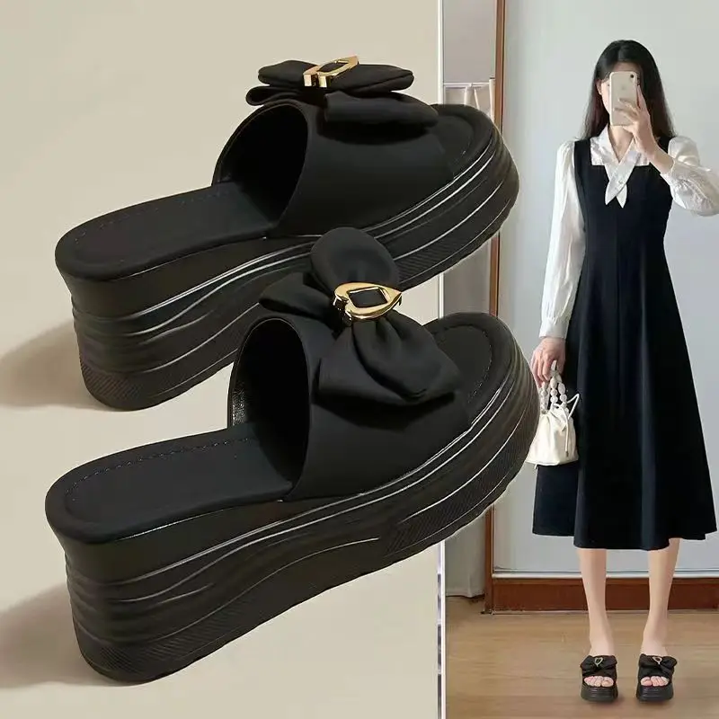 Women PU Leather Bow knot Height Increasing Slippers Soft Thick Light Shoes On A Wedge Platform Slides Heels Pantofle Summer 1