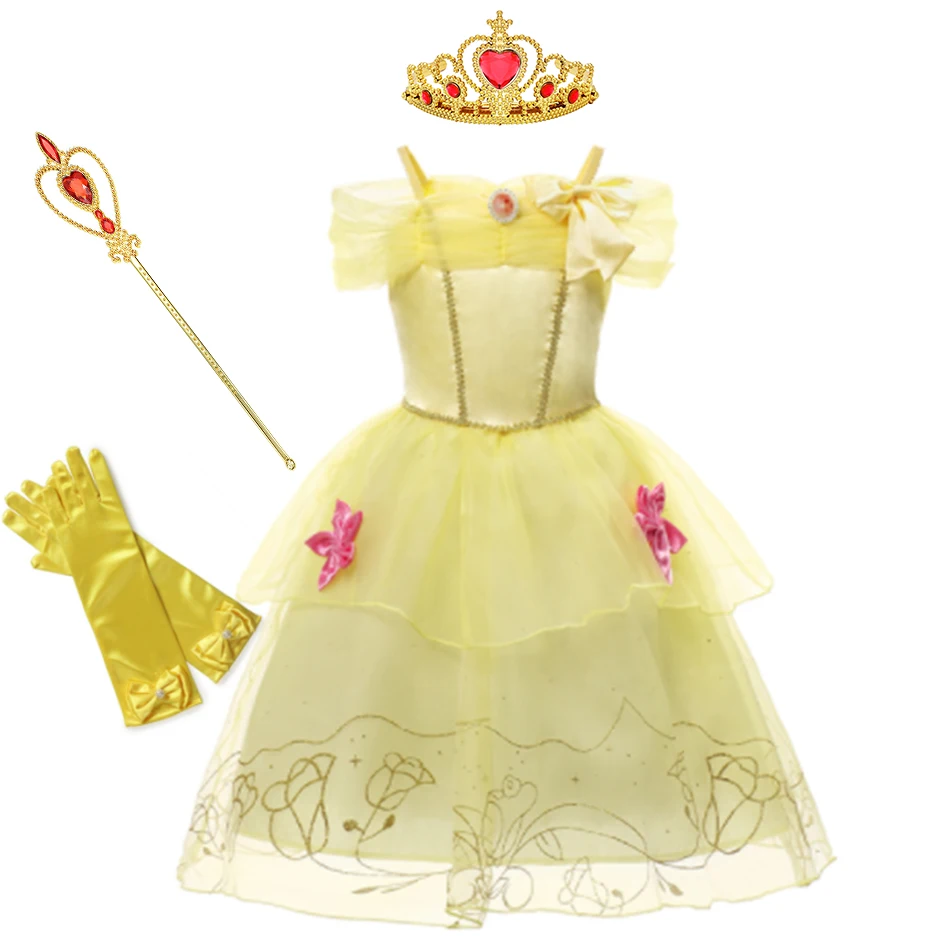 cute baby dresses online Cosplay Belle Princess Dress Girls Dresses for Beauty and the Beast Kids Party Clothing Magic Stick Crown Gloves Children Costum newborn baby girl skirt Dresses
