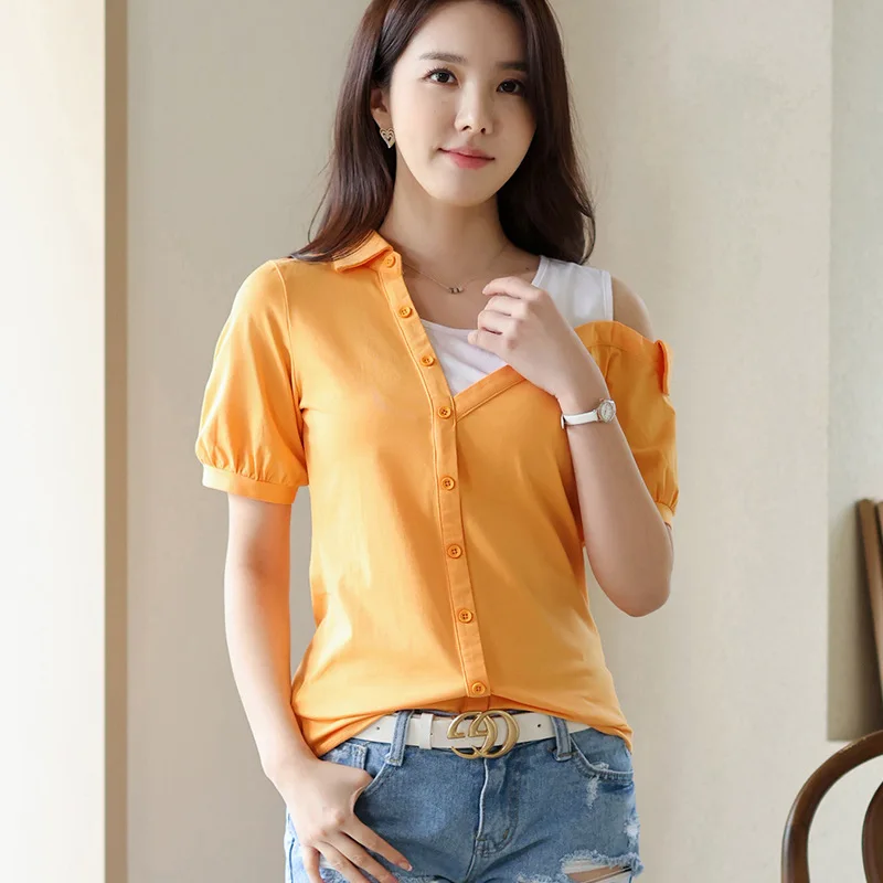 

Summer T Shirt Women Short Sleeve Cotton Tshirts Faux Two-pieces Casual Tops Tees New Design Female Clothing Camisetas Mujer