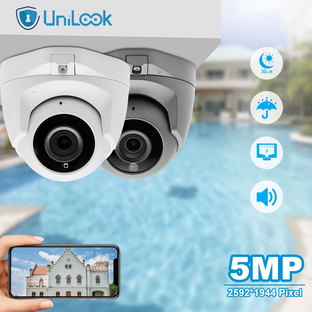 Unilook 5Mp Poe Mini Dome Camera Security Outdoor Hikvision Protocol Cctv Videosorveglianza Telecamera Ip Ir 30M Audio Microfono Integrato