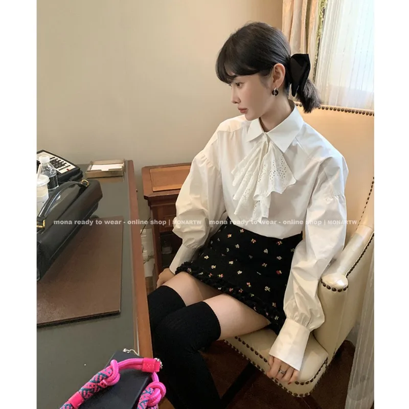 

Корейская модная белая рубашка с длинным рукавом для женщин, новинка 2023, осень/зима, дизайн с воротником-бантом, Laydown Top, женская одежда