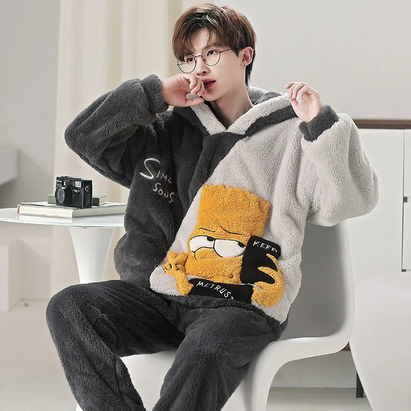 Autumn Winter Men's Coral Velvet Cartoon Pajamas Oversized Plush Thickened Warm Home Clothing Set Flannel Hooded Sleepwear