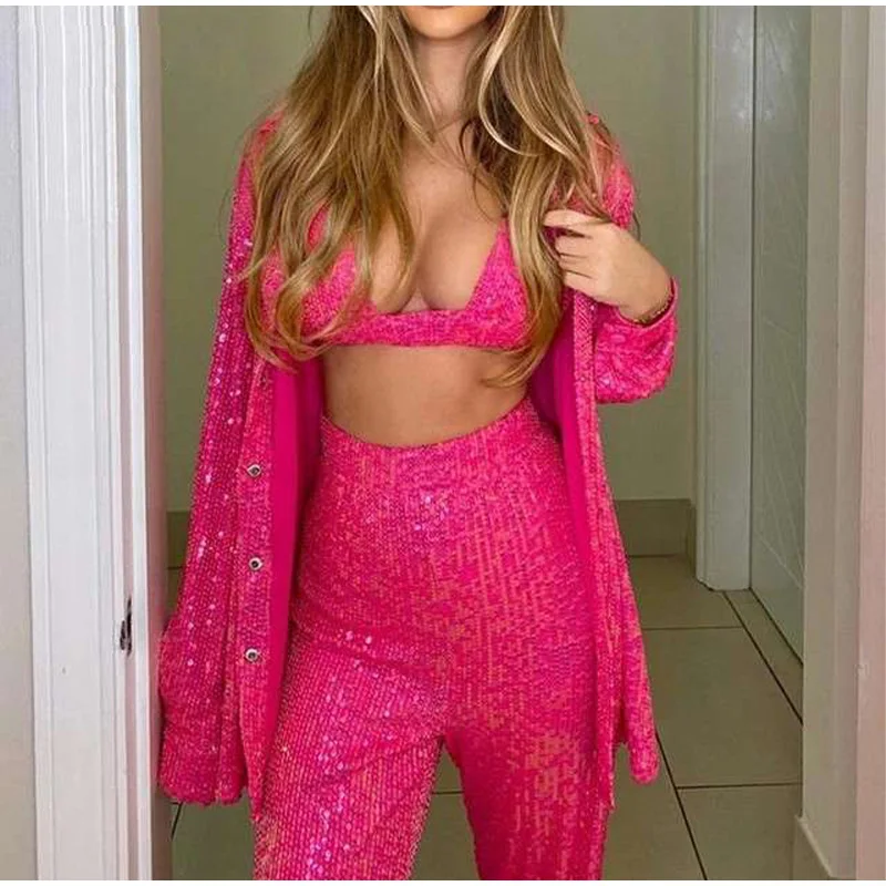 Women Y2K Sequins Sexy 3 Pieces Set Bling Underwear Bra Long Sleeve Shirt Wide Leg Pants Female Sets 2022 Streetwear Casual Suit red pant suit