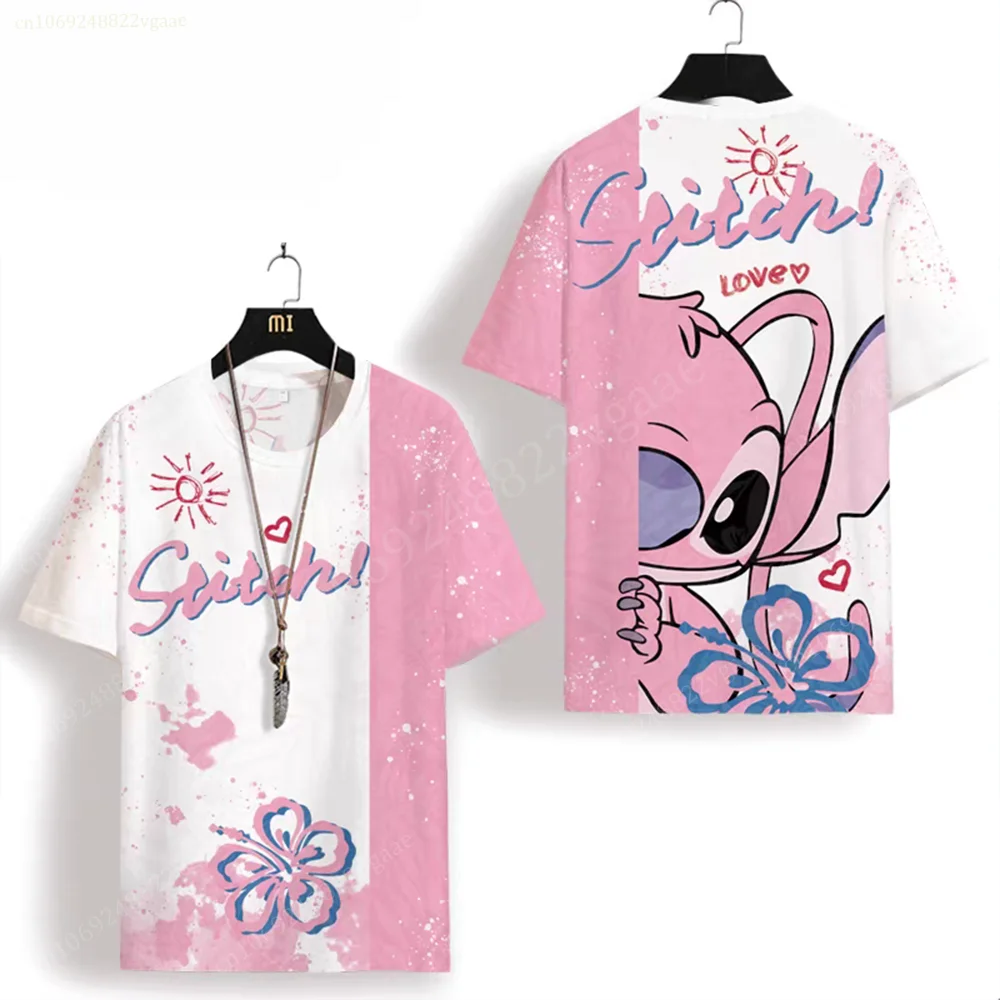 2024 Summer Stitch And Angel Couple T Shirt Men Girls Short Sleeve Boy Tee Shirt Kids Clothes T-shirt Children Women Lilo 2