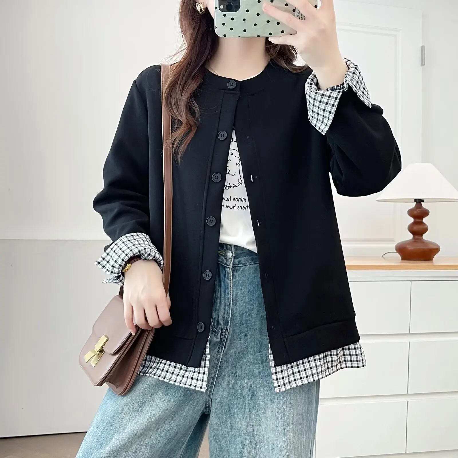 Fashion Plus Size Women's Jacket New Style 2025 Autumn Casual Plaid Patchwork Wearing Cardigan Coat 2559