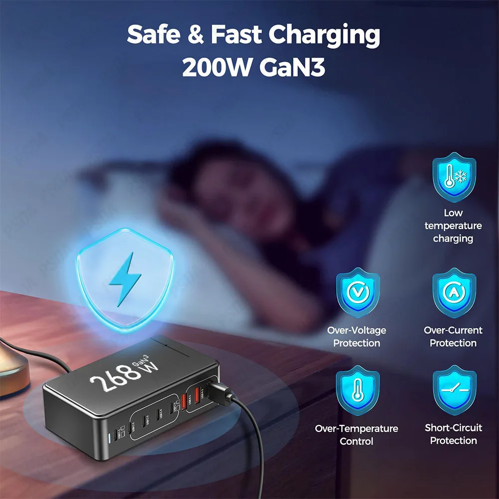 PSDA 3D 268W GaN Charging Station 8-port USB Type C PD Charger Desktop Base Fast Charging