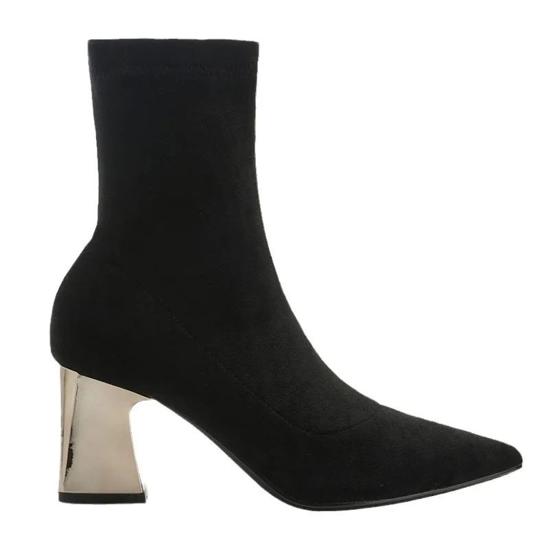 2025 New Solid Flock Ankle Boots Women Shoes Woman Pointed Toe Stretchy Square High Heels Black Fashion Sock Short Boots
