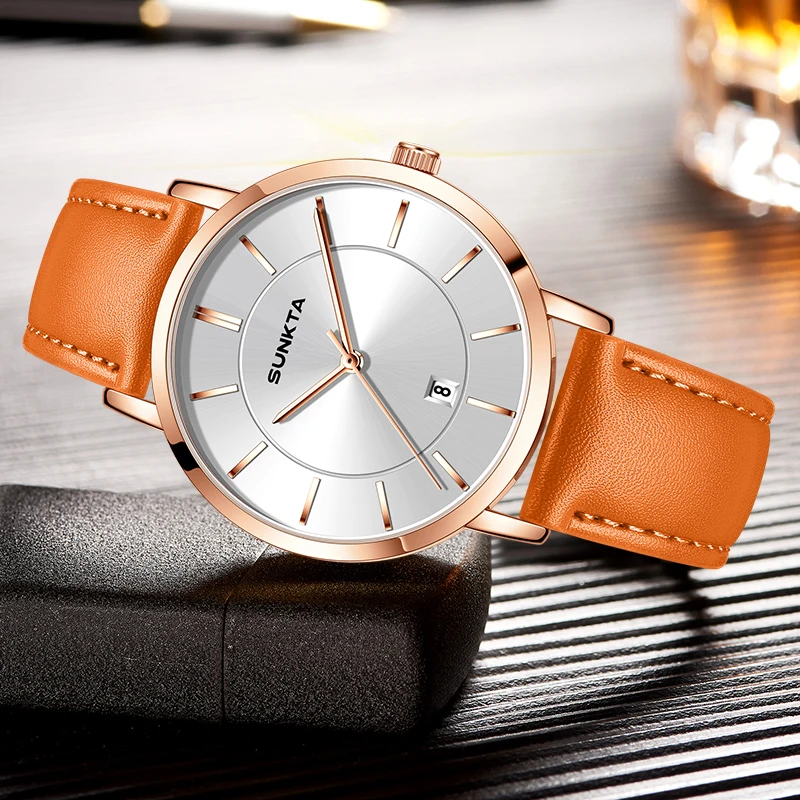 LIGE SUNKTA Simple Sports Watches For Men Fashion Top Brand Luxury Orange Leather Waterproof Men Quartz Watch Reloj Hombre+BOX
