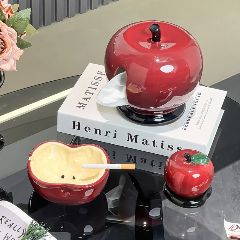 Ceramic Apple Ashtray with Cover for Living Room Decoration