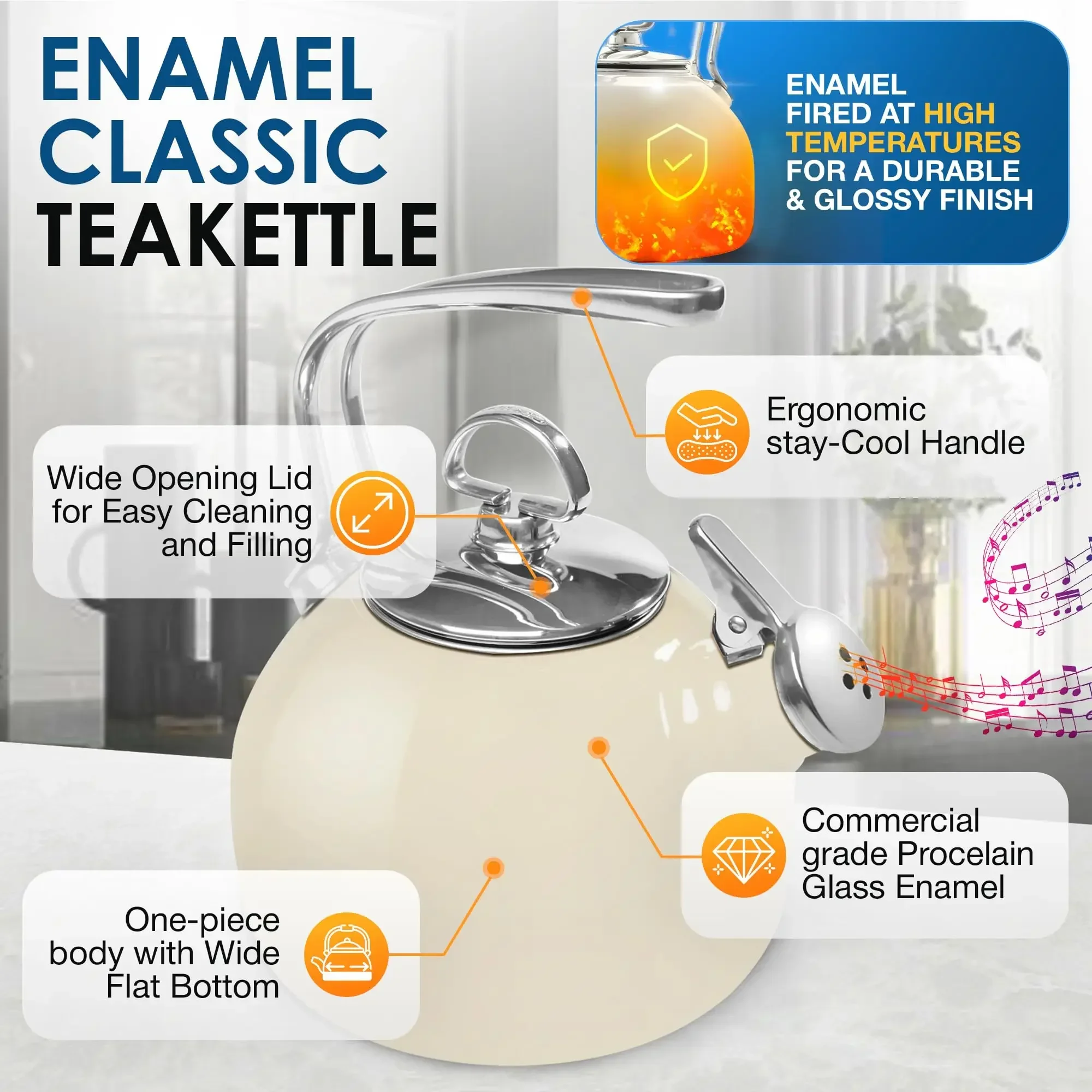 

Chantal Classic Teakettle, 1.8 QT, Enamel On Steel, 2-Tone Harmonica Whistle, Rapid Boil and Even Heating (Almond)