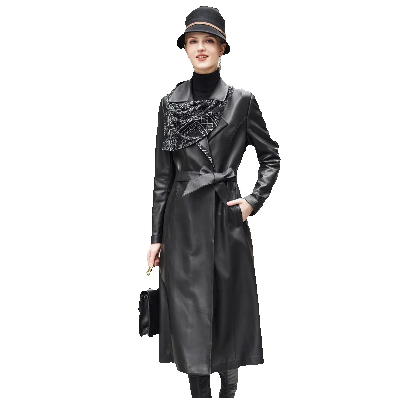 

Genuine Leather Jacket For Women's Long Season New Slim Fit And Slimming Head Layer Sheep Leather Black Temperament Trench Coat