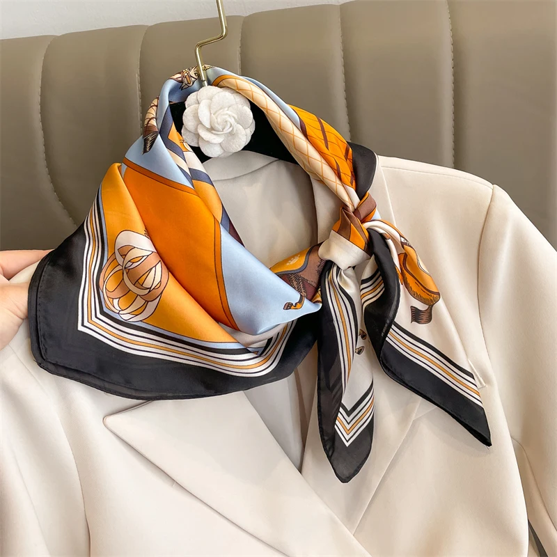 Luxury Print Silk Square Scarf Women Spring Neck Tie Shawl Wraps Female 70cm Hair Hand Wrist Headkercheif Hijab Bandana 2022