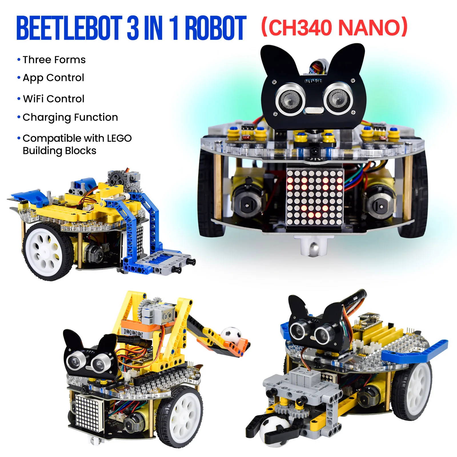 Keyestudio 3 In 1 (Lebot Robot Car Per Arduino(Raspberry Pi Pico/Esp32) Stem Education Kit Fai Da Te Compatibile Con Lego + Progetti