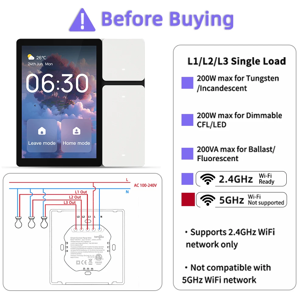 3-Switch WiFi Smart Panel, 3.5" Touch LCD, SigMesh, IR Remote Control. Works wit