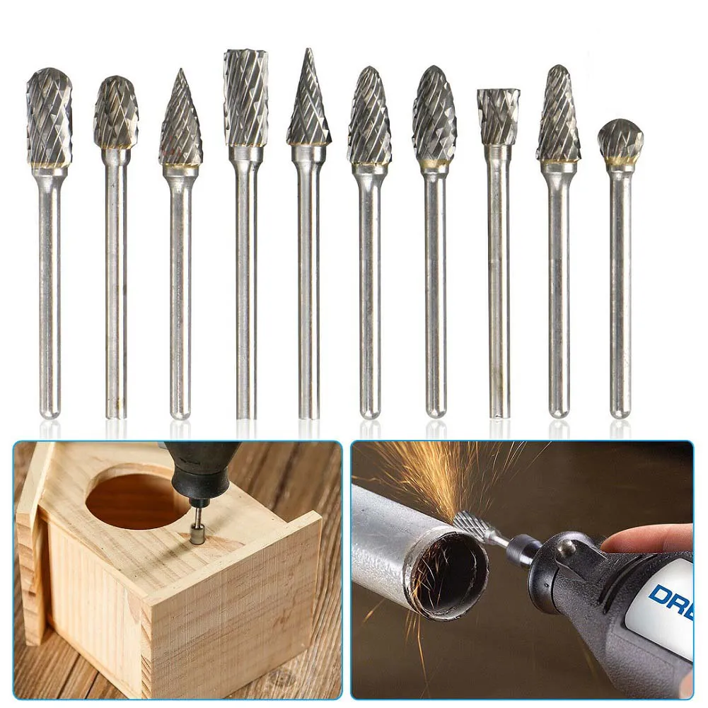 binoax 6 10pcs titanium dremel routing wood rotary milling rotary file cutter woodworking carving carved knife cutter tools Drawing Tungsten Carbide Milling Cutter Rotary Tool 3mm Shank Burr Diamond Cutter Rotary For Dremel Metal/Wood/Electric Grinding